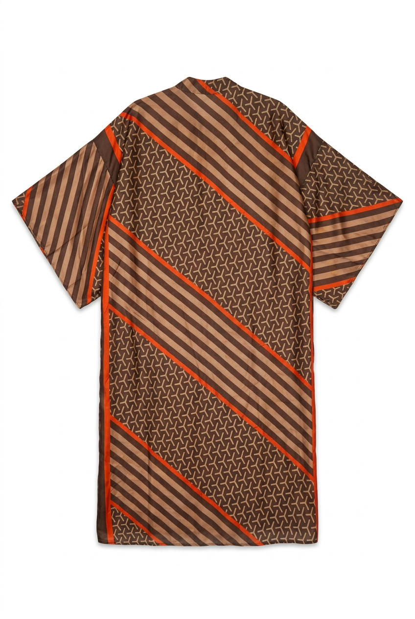 Brown and orange satin print kimono duster, back view