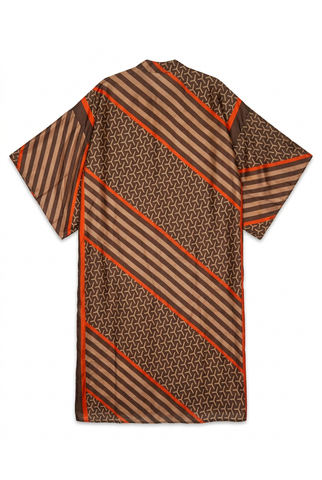 Brown and orange satin print kimono duster, back view
