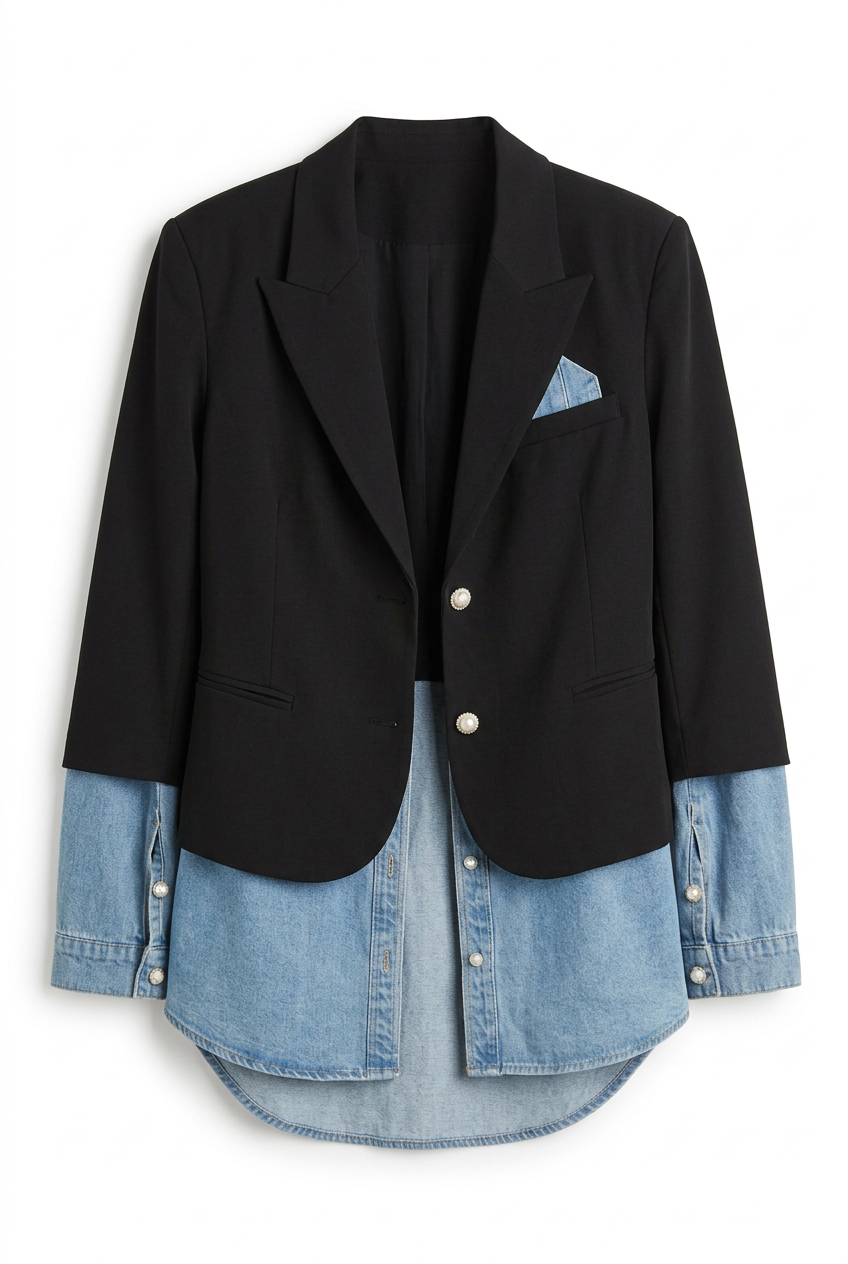 Black Open Front Blazer with Layered Denim Shirt Hem and Pearl Buttons