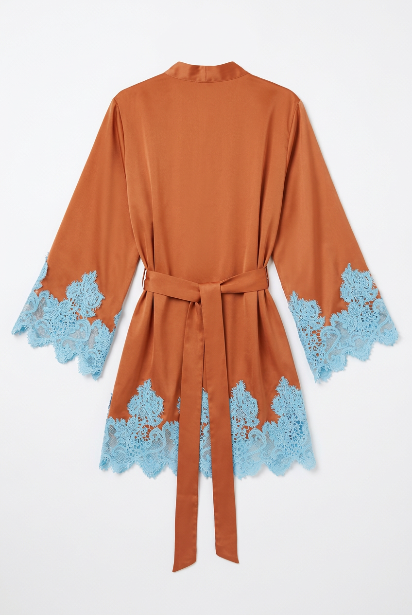 Burnt orange satin robe with blue lace, back