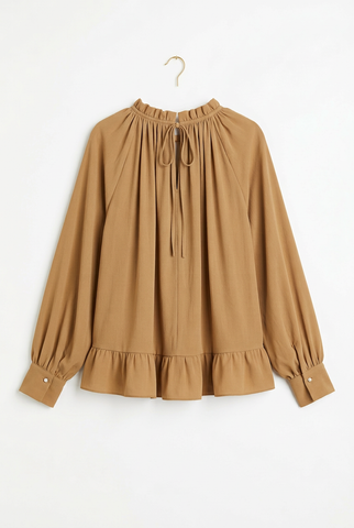 Camel tan ruffle peplum balloon sleeve blouse, back view
