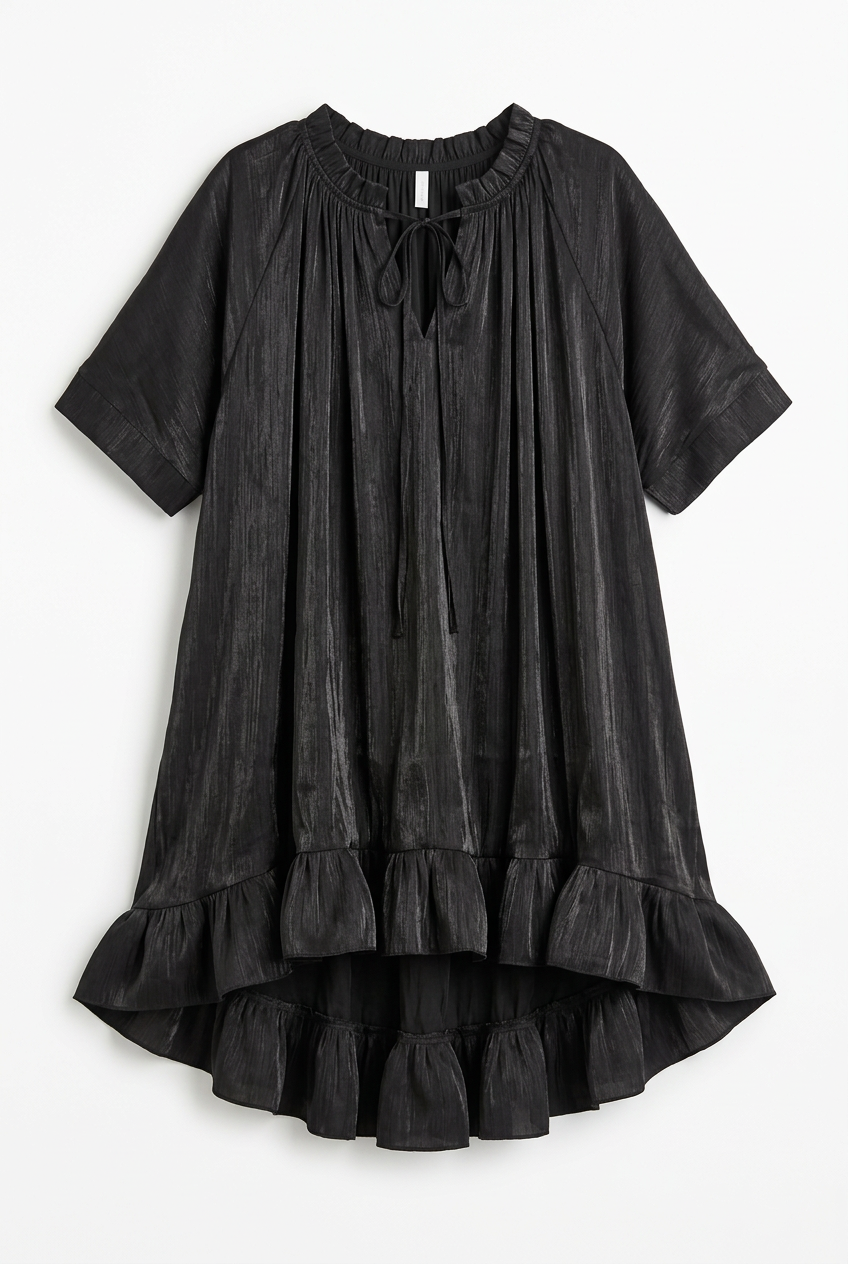 Black shimmer ruffle hem oversized mini dress with tie neck, front view