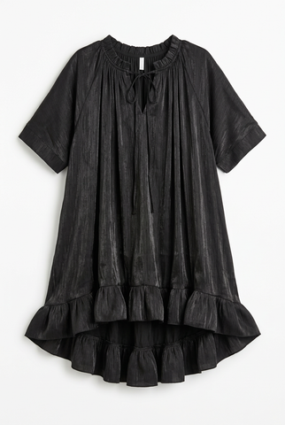 Black shimmer ruffle hem oversized mini dress with tie neck, front view