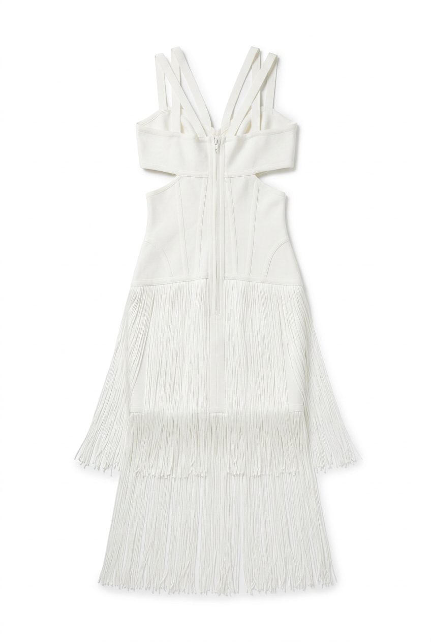 White fringe bandage midi dress, back view