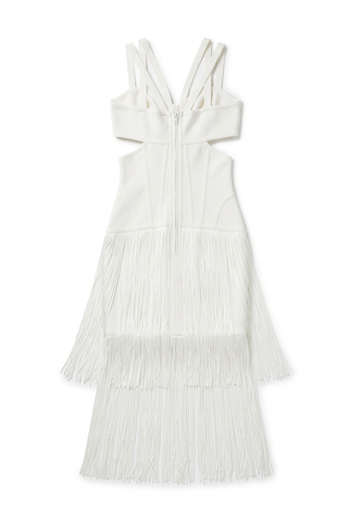 White fringe bandage midi dress, back view