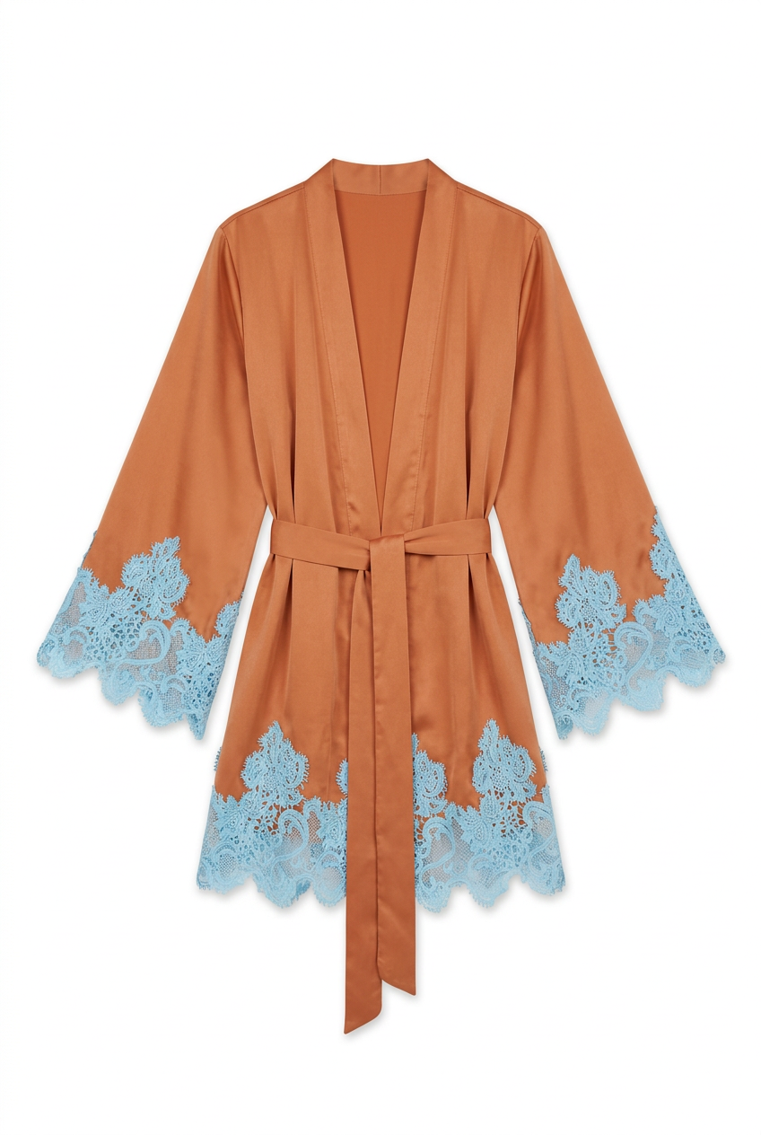 Burnt orange satin robe with blue lace, front
