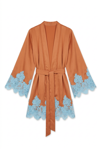 Burnt orange satin robe with blue lace, front