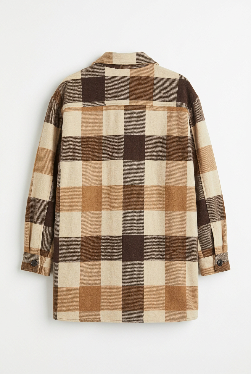 Brown and tan buffalo plaid shirt jacket, back