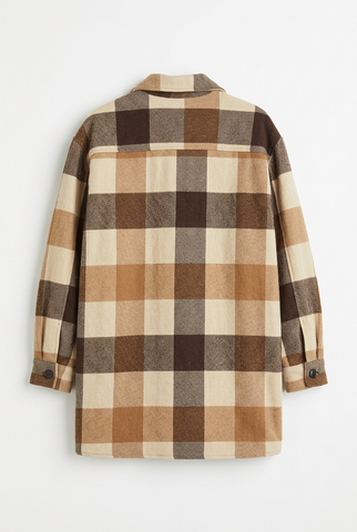 Brown and tan buffalo plaid shirt jacket, back