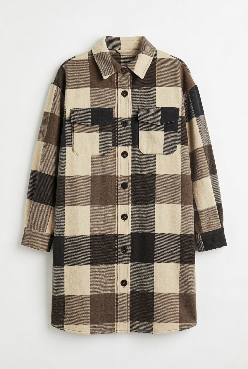 Brown and tan buffalo plaid shirt jacket, front