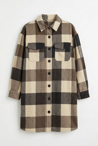 Brown and tan buffalo plaid shirt jacket, front