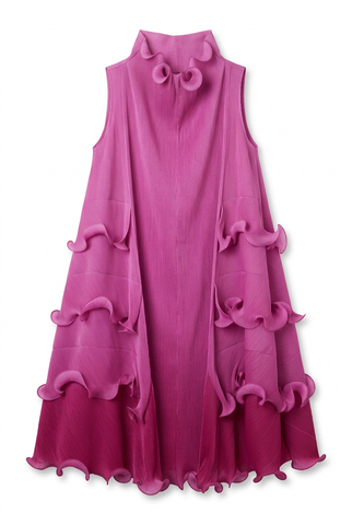 Fuchsia Pleated Sleeveless Trapeze Midi Dress with Sculptural Ruffle Details