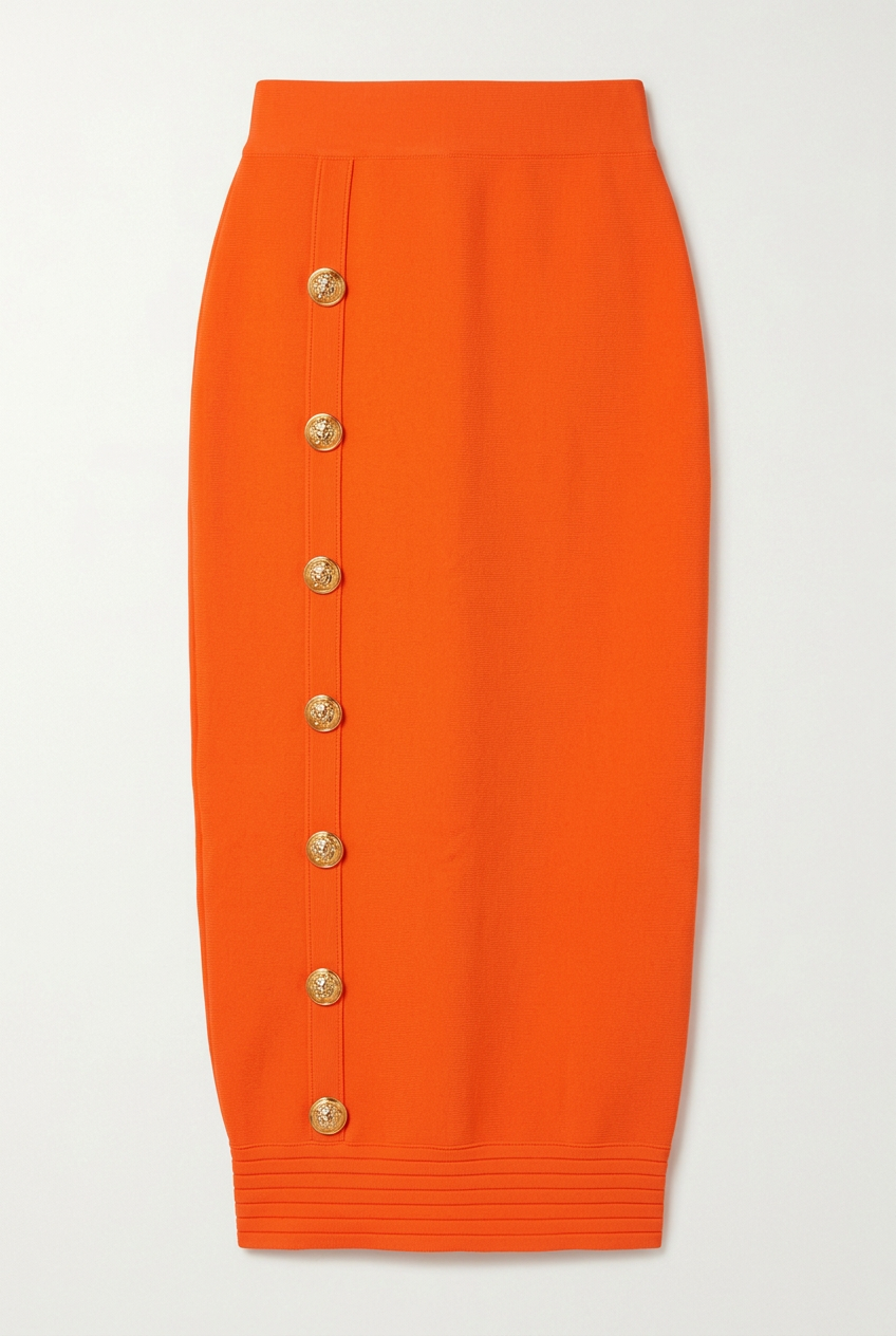 Orange bandage midi pencil skirt with gold buttons, front view