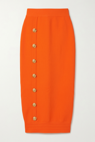 Orange bandage midi pencil skirt with gold buttons, front view