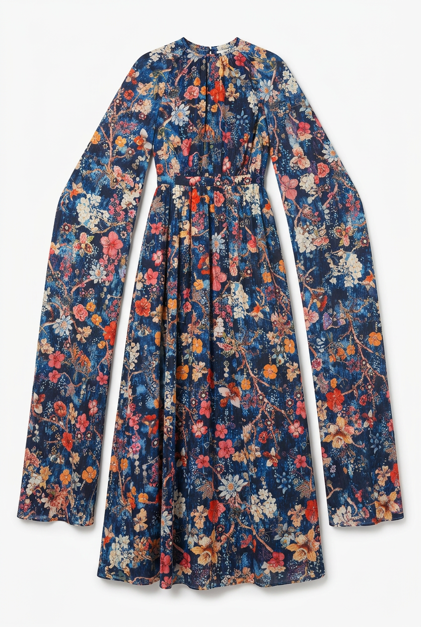 Navy floral print maxi dress with cape sleeves