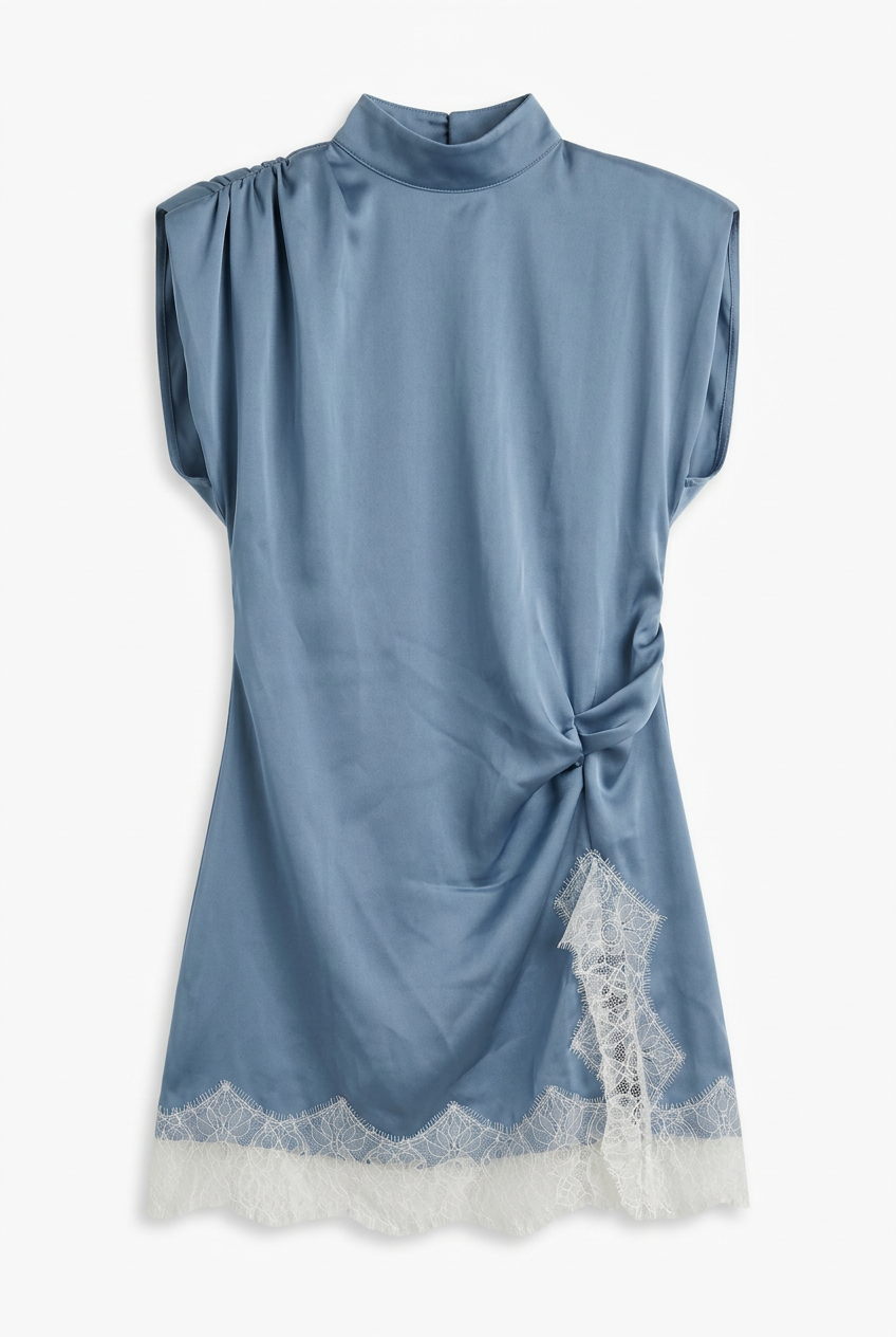 Dusty blue satin lace hem mini dress, front view