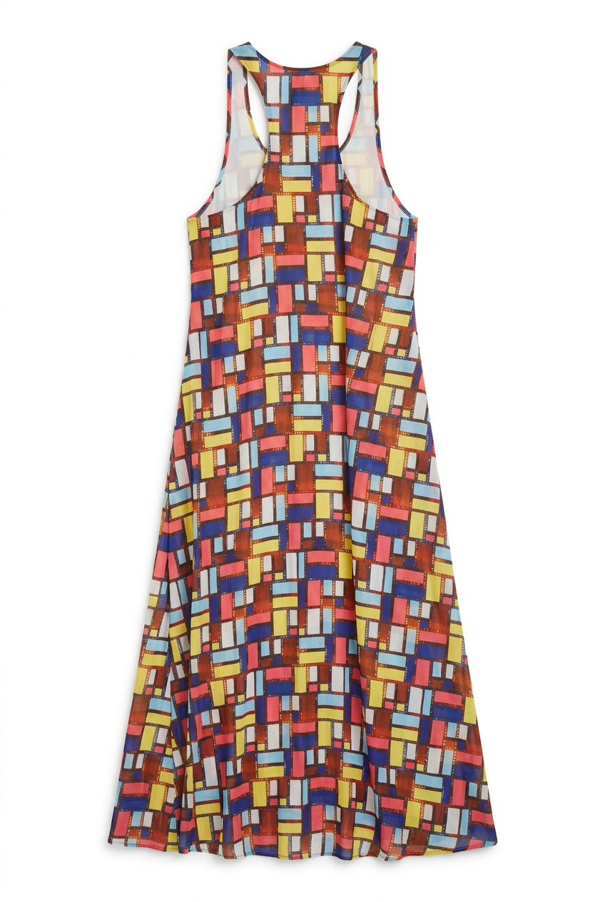 Film strip block print maxi dress, back view flat lay on white background