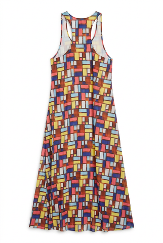 Film strip block print maxi dress, back view flat lay on white background