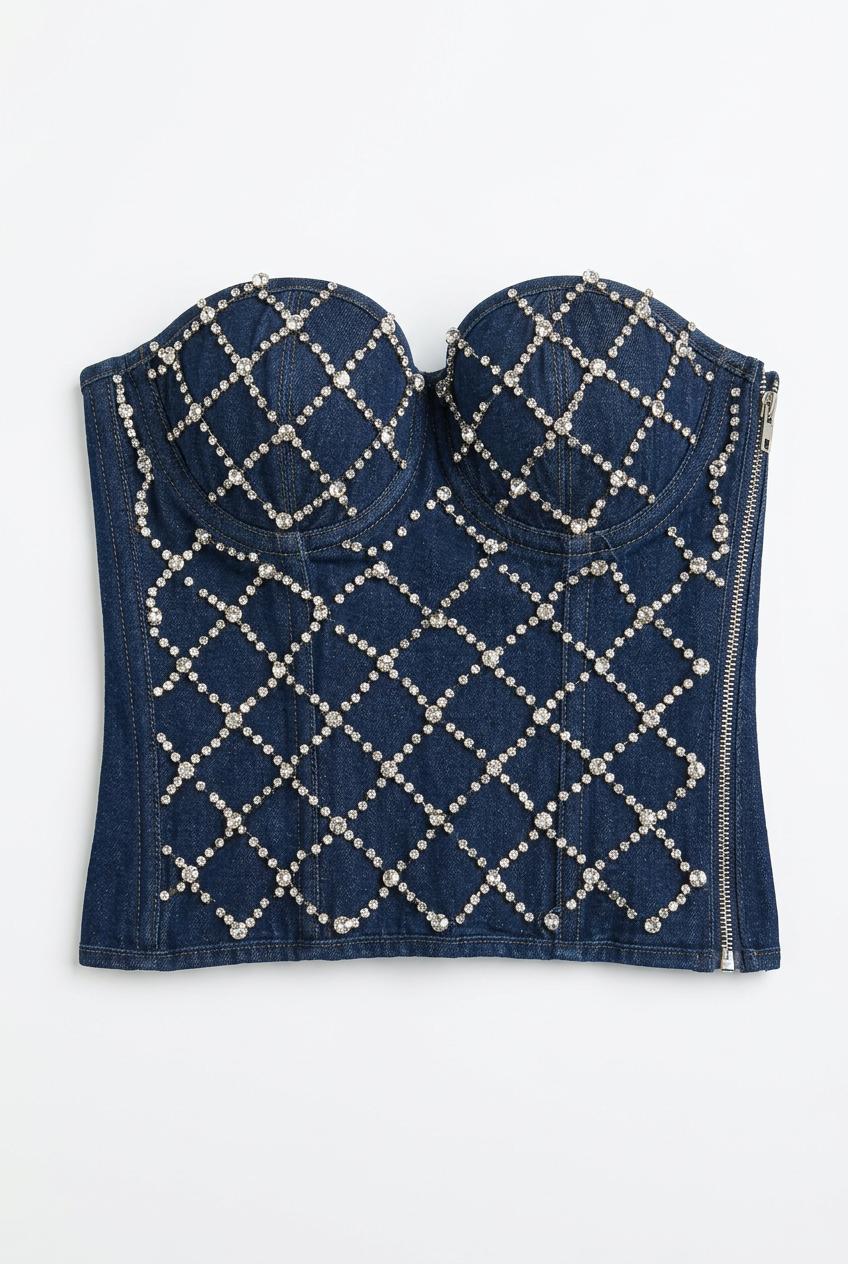 Dark denim crystal lattice corset bustier top, front view