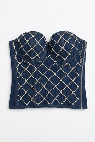 Dark denim crystal lattice corset bustier top, front view