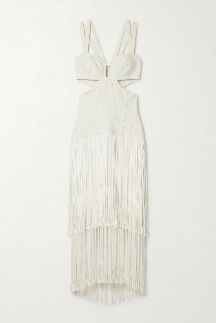 White fringe bandage midi dress, front view