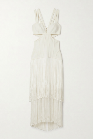 White fringe bandage midi dress, front view