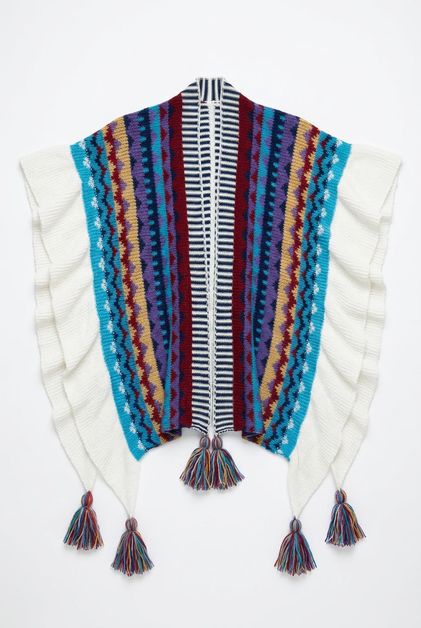 Multicolor Knit Ruffle Poncho Wrap with Tassels