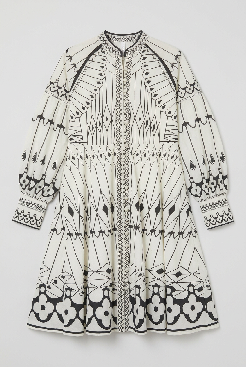 Ivory and charcoal graphic print balloon sleeve mini dress, front