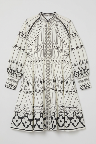 Ivory and charcoal graphic print balloon sleeve mini dress, front