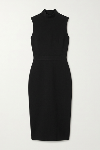 Black mock neck sleeveless bandage midi dress, front