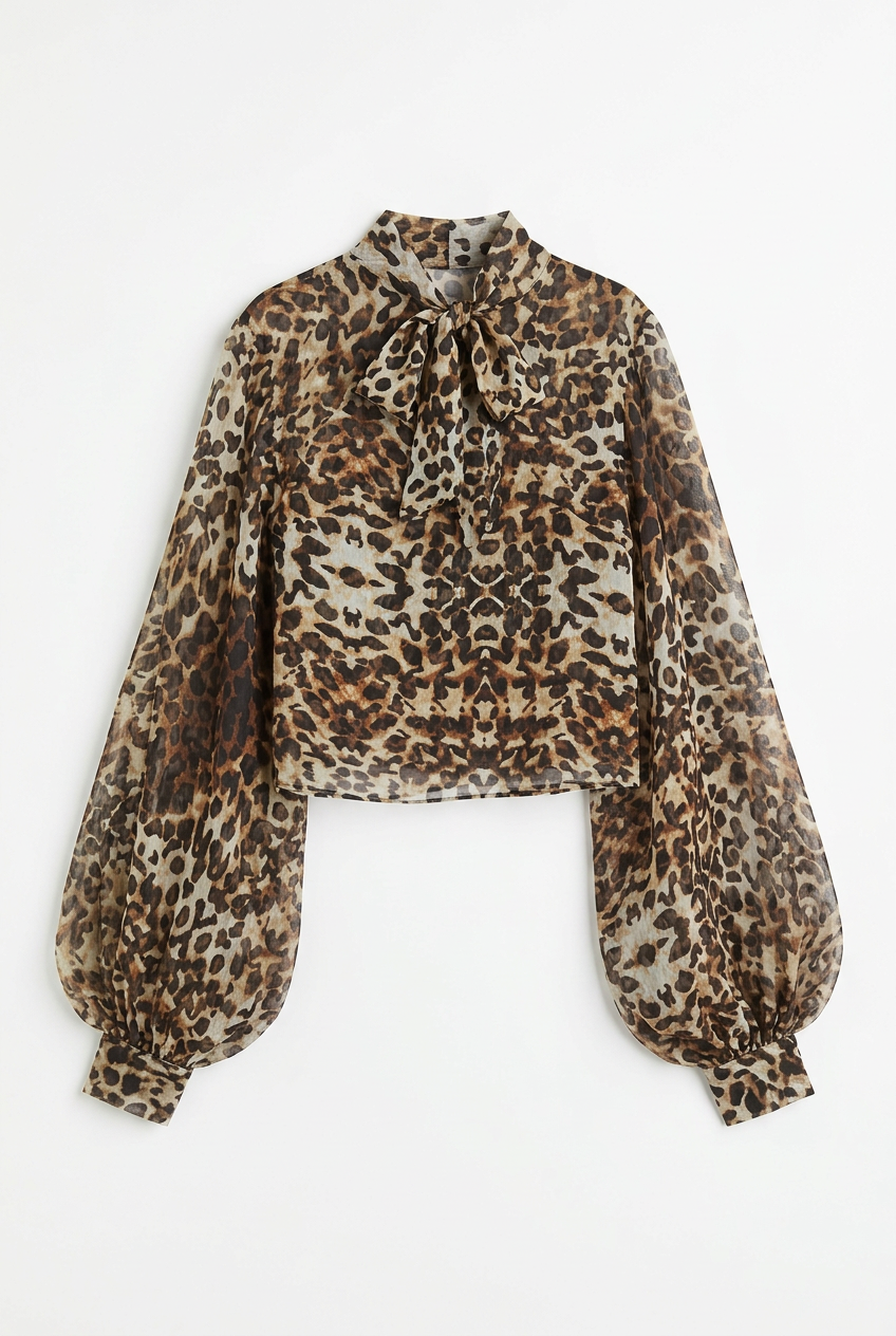 Sheer leopard print bow neck blouse, front