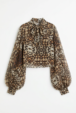 Sheer leopard print bow neck blouse, front