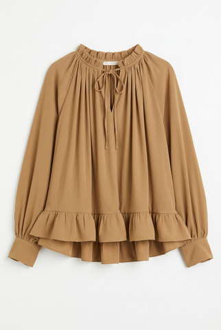 Camel tan tie neck ruffle peplum balloon sleeve blouse, front view