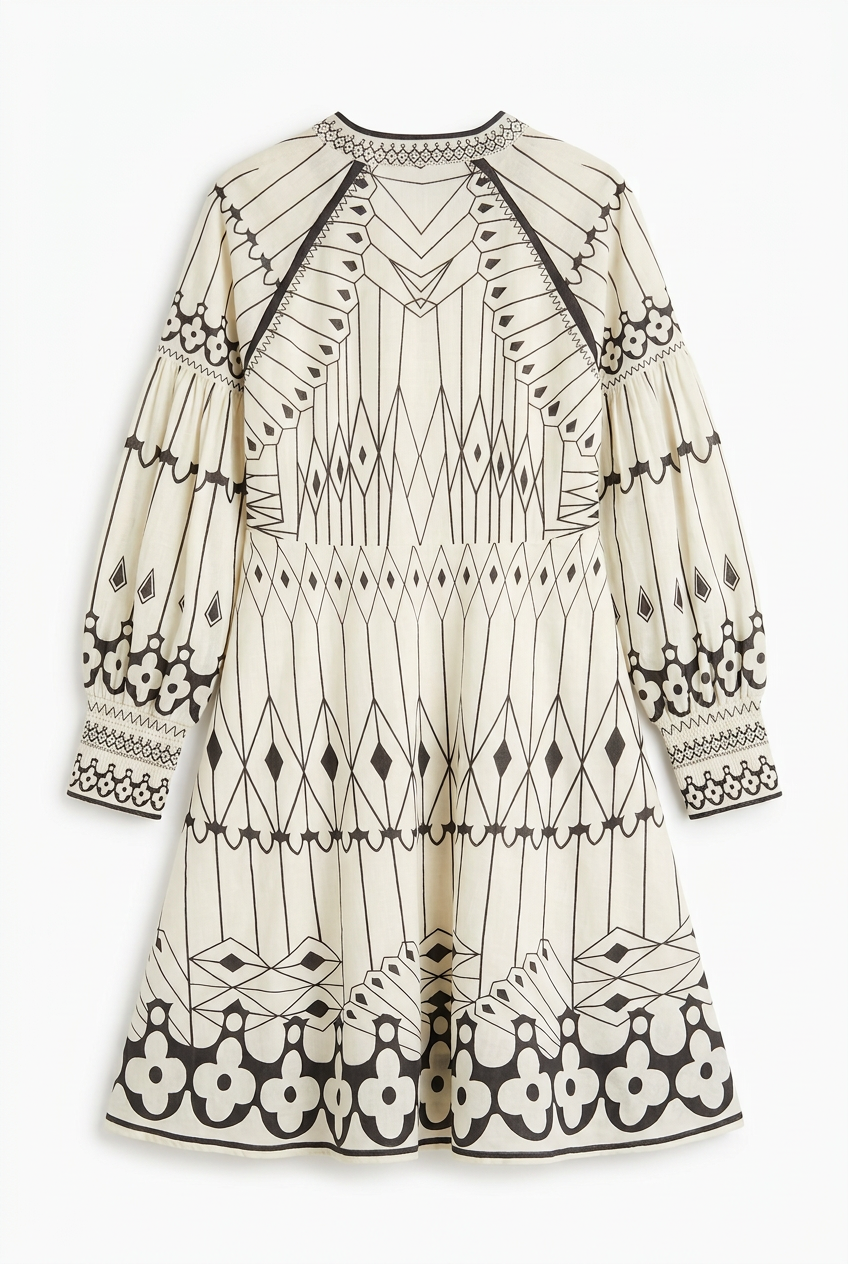 Ivory and charcoal graphic print balloon sleeve mini dress, back