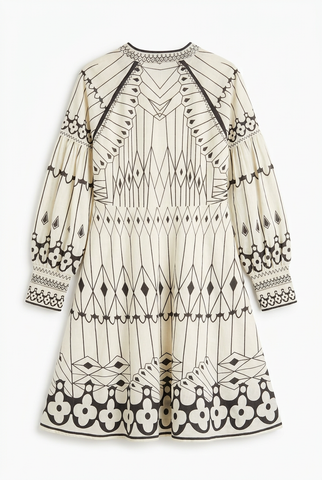 Ivory and charcoal graphic print balloon sleeve mini dress, back