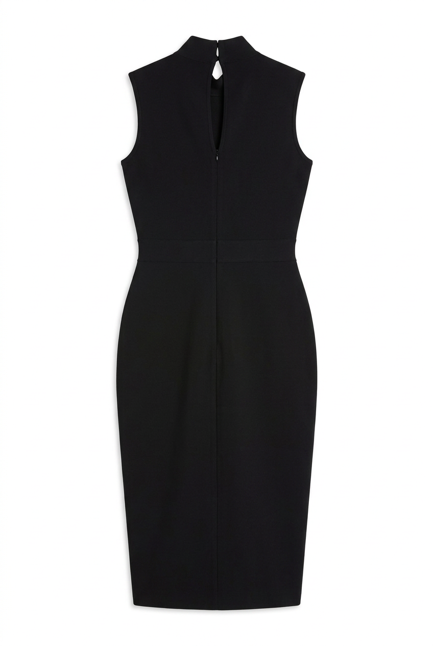 Black mock neck sleeveless bandage midi dress, back