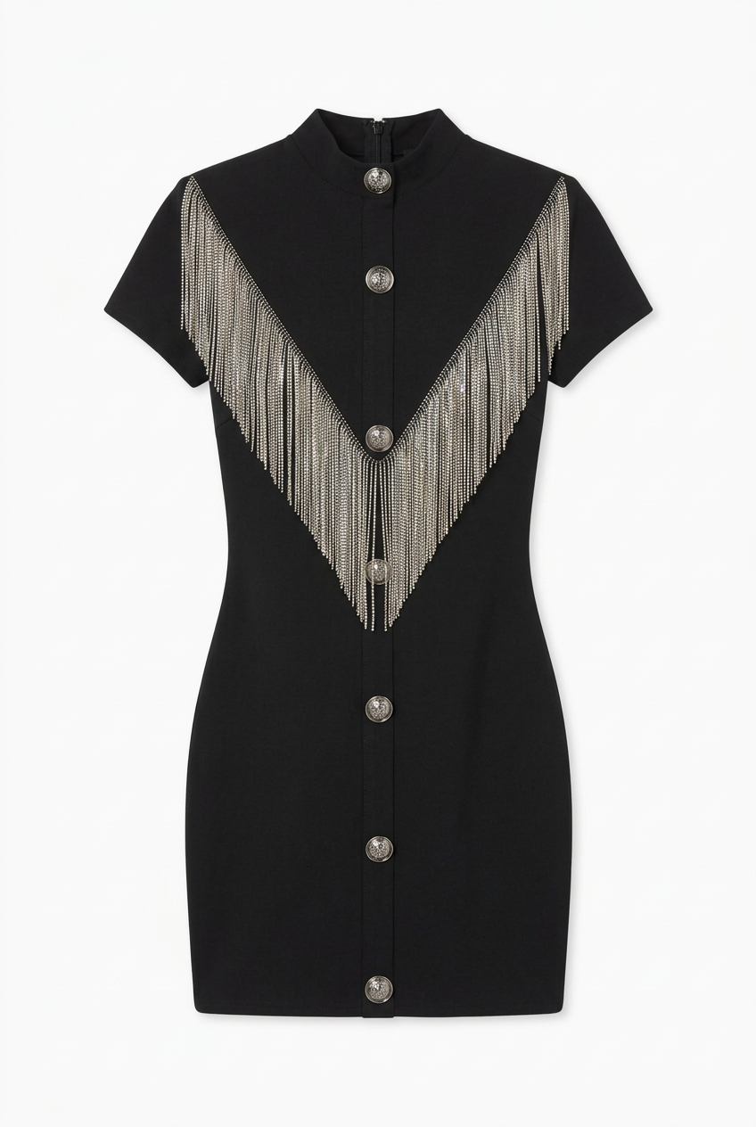 Black bodycon mini dress with silver chain fringe V, front