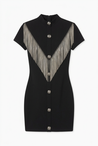 Black bodycon mini dress with silver chain fringe V, front