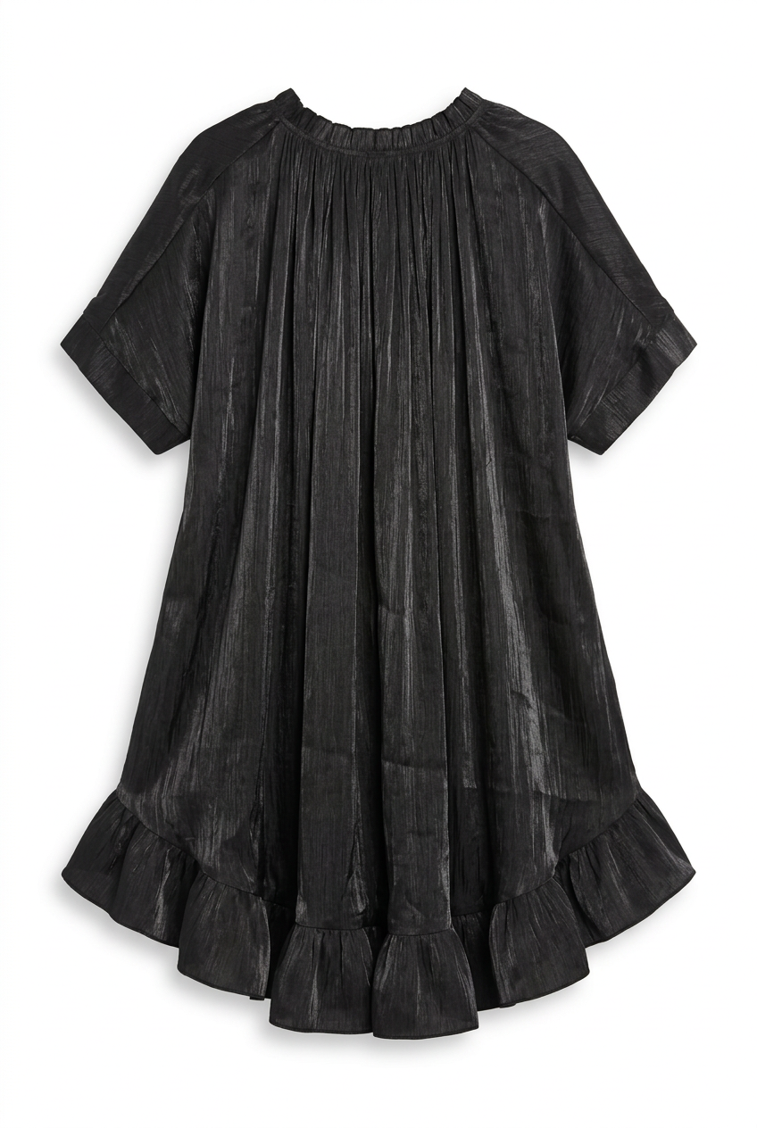 Black shimmer ruffle hem oversized mini dress, back view