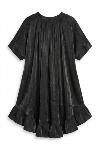 Black shimmer ruffle hem oversized mini dress, back view