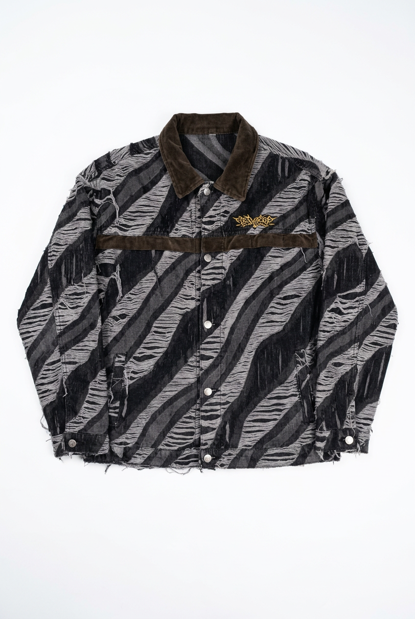 Distressed Charcoal Striped Jacket with Brown Velvet Collar and Snap Front