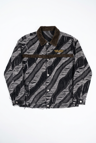 Distressed Charcoal Striped Jacket with Brown Velvet Collar and Snap Front