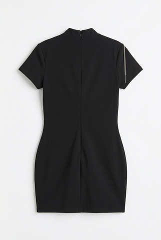 Black bodycon mini dress, back with center zipper and shoulder chain strand