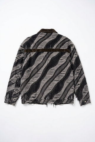 Distressed Charcoal Striped Jacket with Brown Velvet Collar and Snap Front