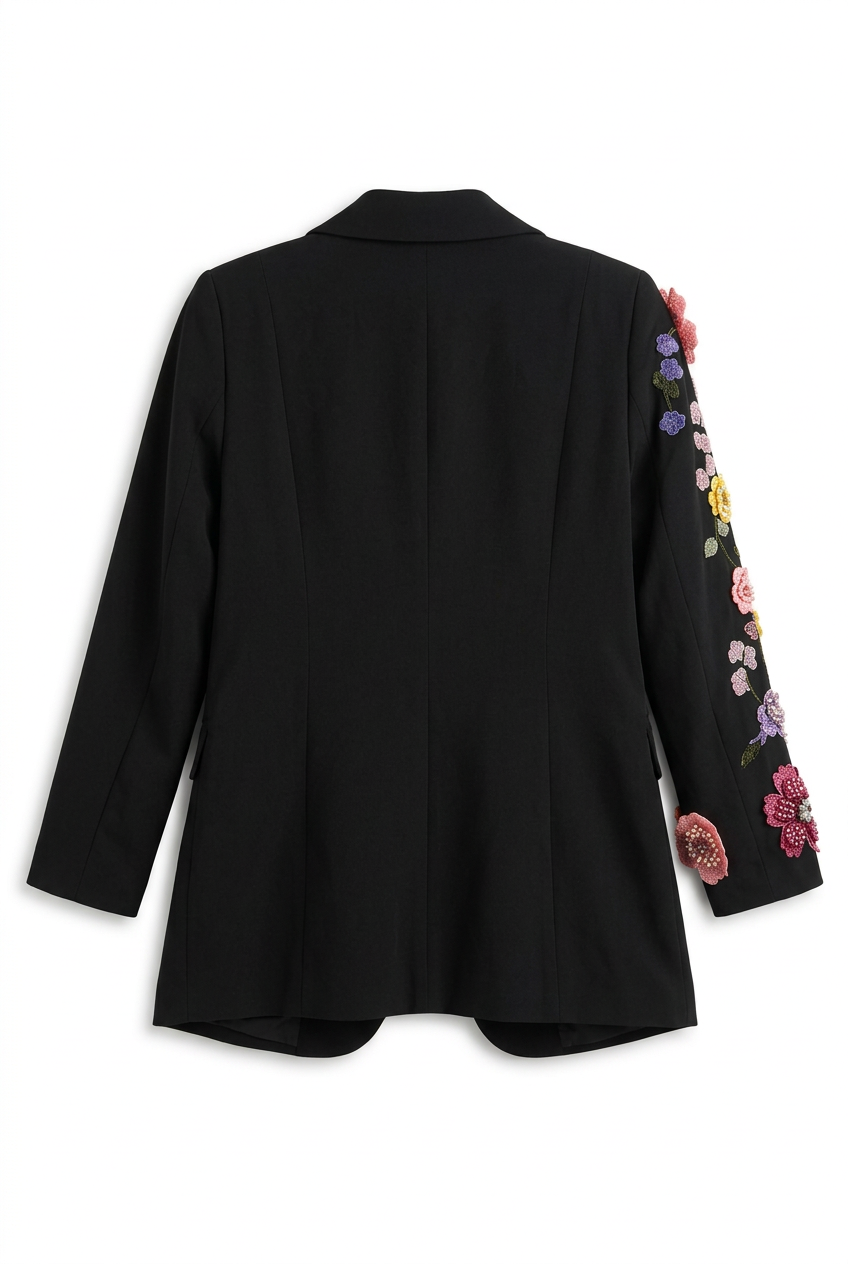 Black floral appliqué blazer, back view