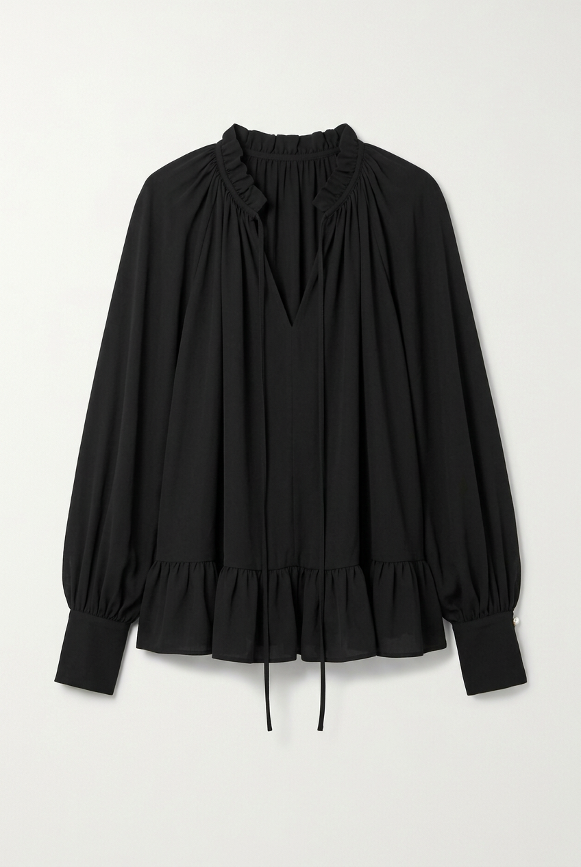 Black ruffle neck balloon sleeve blouse, front