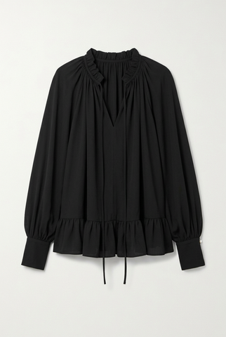 Black ruffle neck balloon sleeve blouse, front