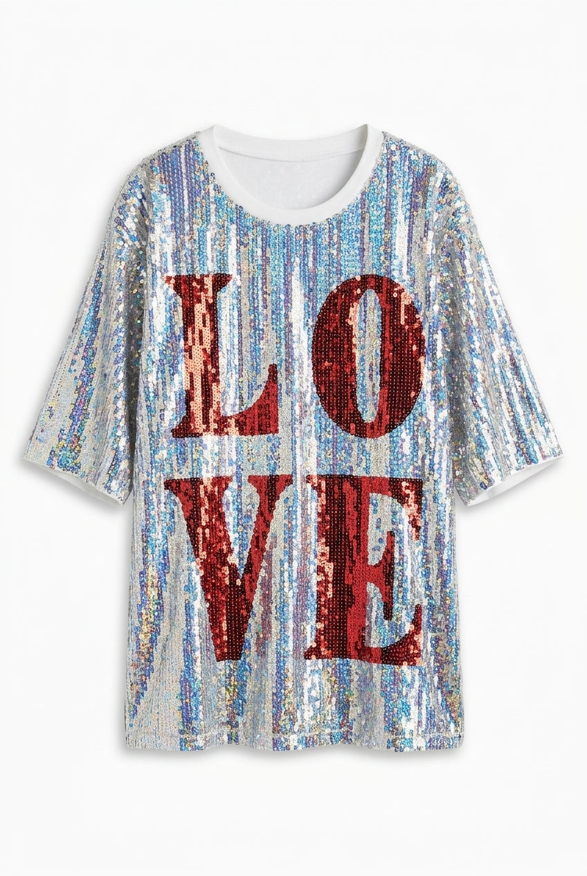 Holographic Sequin LOVE Oversized Tee Top