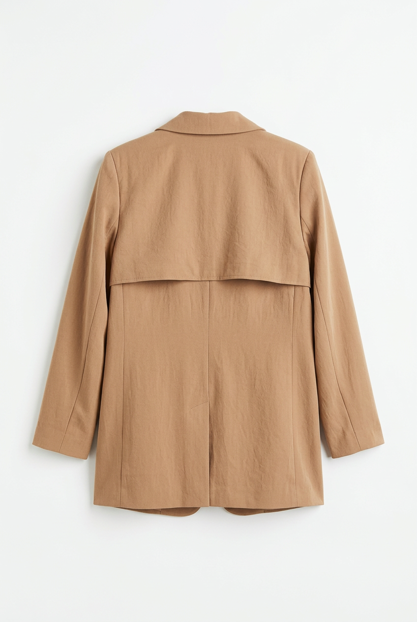 Camel tan relaxed blazer with storm flap yoke, back