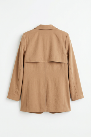 Camel tan relaxed blazer with storm flap yoke, back